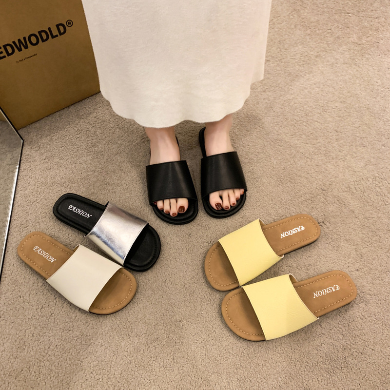2025 Summer Casual Outer Wear Simple European and American Lightweight One-Line Flats Sandals Export Women's Slippers Large Size 42