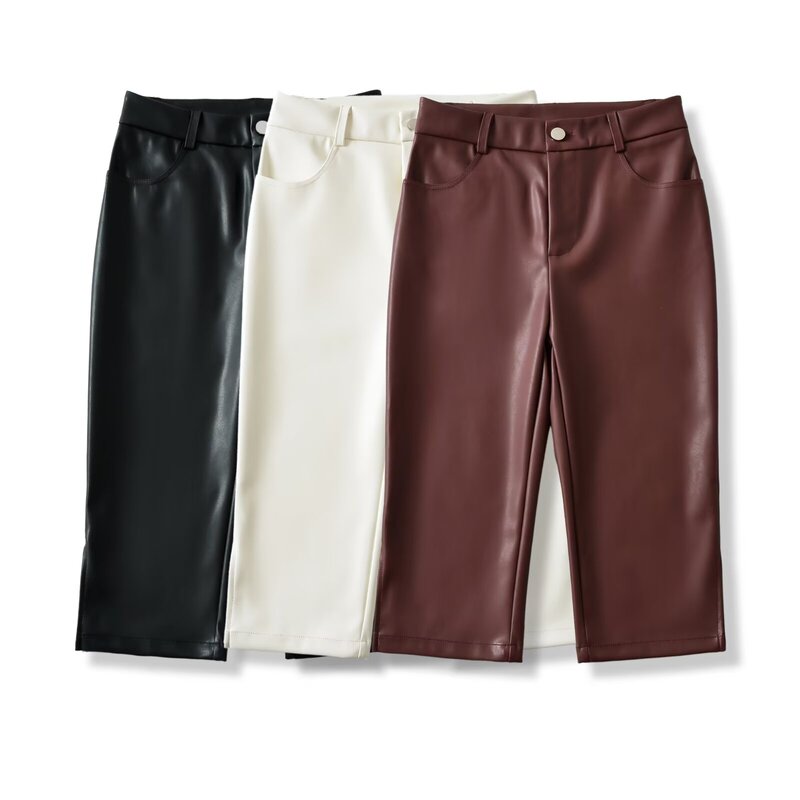 Women's Capri Leather Shorts, High-Waisted Slim-Fit Matte Soft Leather Slimming Hot Girl Tight Straight Mid-Length Leather Shorts