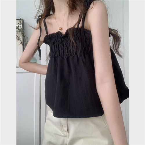 French-style fluffy spaghetti strap outerwear design with pleated tie straps, women's summer loose covering tummy and flesh, plus-size top