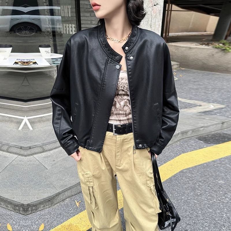 欧货高级感蓝色蛋白皮衣外套女2025春秋新款蝙蝠袖pu短夹克小个子|undefined