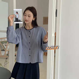 细条纹衬衫 2026春季新款 减龄宽松衬衣清新花边领长袖上衣女5672