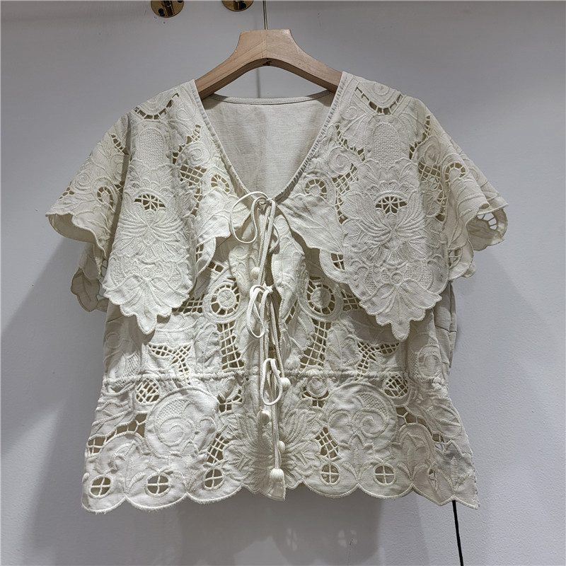 Dolce Jacquard hueco camisa de manga corta de cuello naval para mujeres 2026 nuevo verano coreano corta corta corta camisa