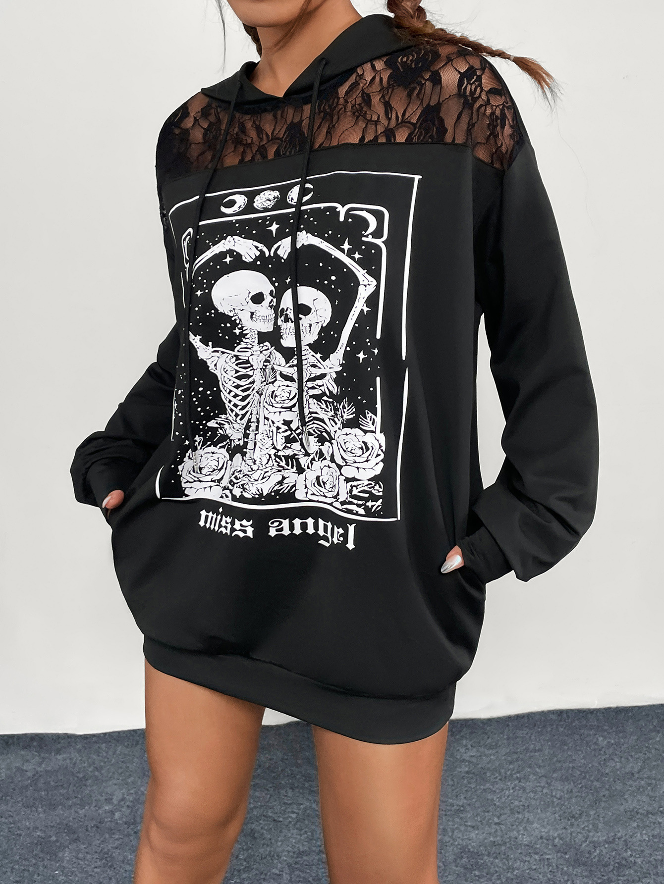 Women's Gothic Dark Sexy Lace Patchwork Hooded Loose Printed Sweatshirt_voghion.com
