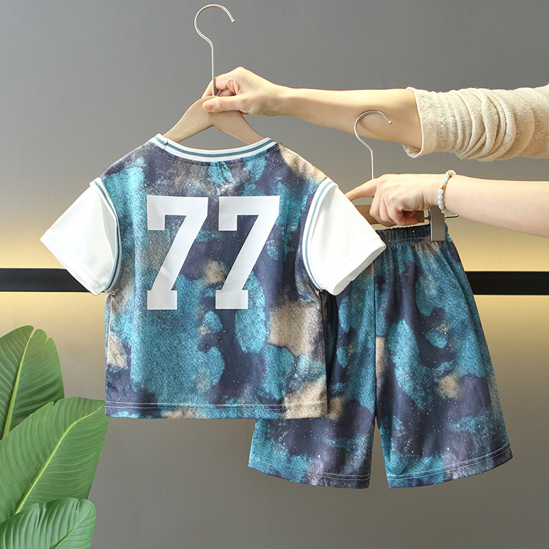 7949 traje deportivo de traje de baloncesto de verano para niños 2025 nuevo traje de verano de dos piezas de manga corta para niños de secado rápido