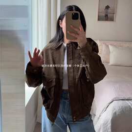 爆款现货2025年春季女装跨境外贸新款个性复古做旧麂皮绒夹克短款