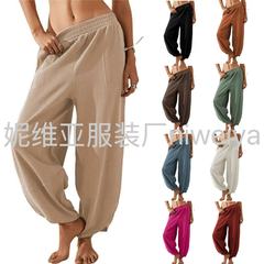 欧美跨境亚马逊2025新款女式灯笼裤带口袋休闲纯色百搭休闲裤卫裤