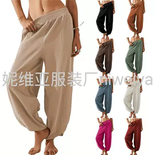欧美跨境亚马逊2025新款女式灯笼裤带口袋休闲纯色百搭休闲裤卫裤