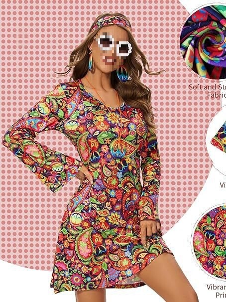 Cross-border Foreign Trade Europe and America Amazon Halloween Print dress 70 s Hippie Horn Sleeve V-Neck dress