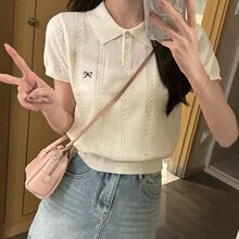 韩版灰色正肩短袖女蝴蝶结刺绣上衣夏季麻花Polo翻领减龄针织t恤