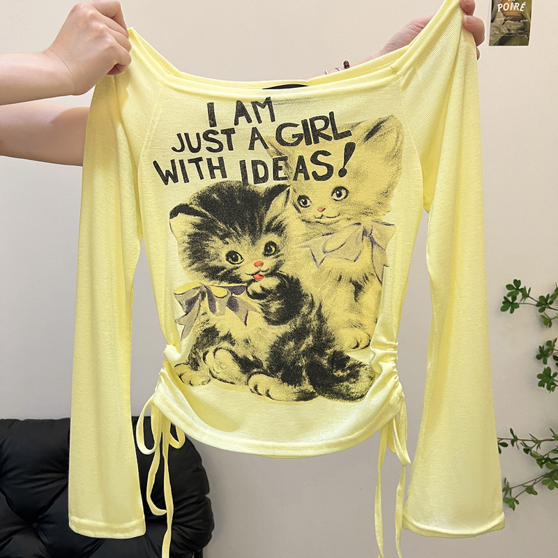 Clearance Sale ~ Authentic Cut Label Sweet and Spicy Style Sexy Cat Print Long Sleeve T-Shirt Fashionable Waist Drawstring Top