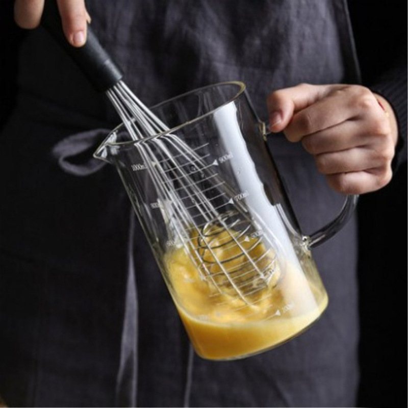 Fábrica al por mayor de vidrio de borosilicato taza de leche con escala taza de medición de vidrio cocina medición del hogar