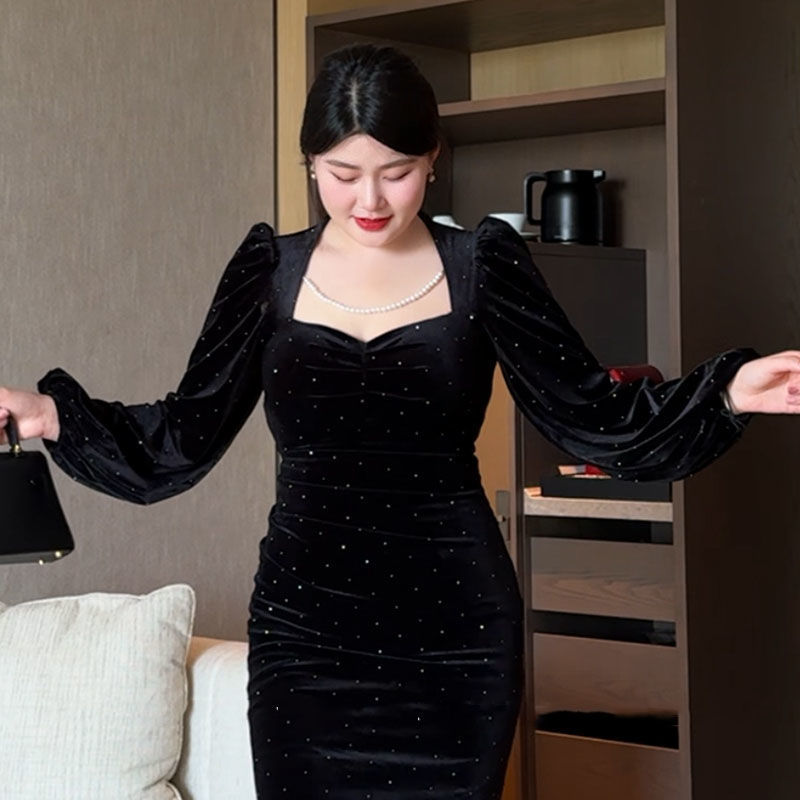 플러스 사이즈 MM 패션 우아한 헵번 스타일 랜턴 슬리브 스퀘어 입 칼라 허리 엉덩이 우아한 긴 피쉬 원피스