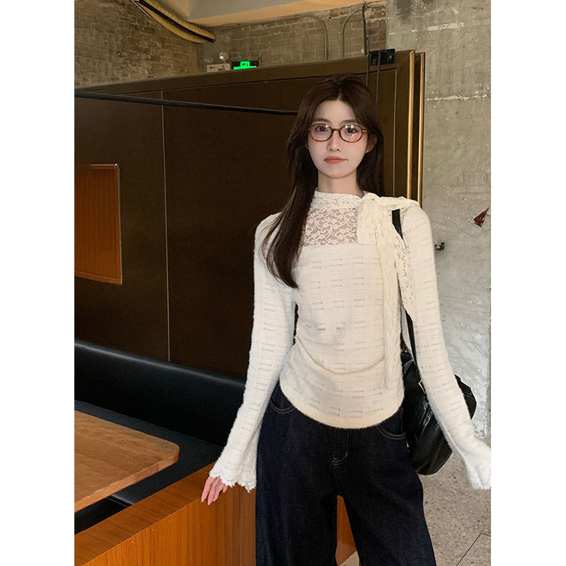 Sweet Spice Girl Lace Stitching Long-sleeved T-shirt Women's Autumn Bow Design Sense Slim-fit Slim-fit Base Top