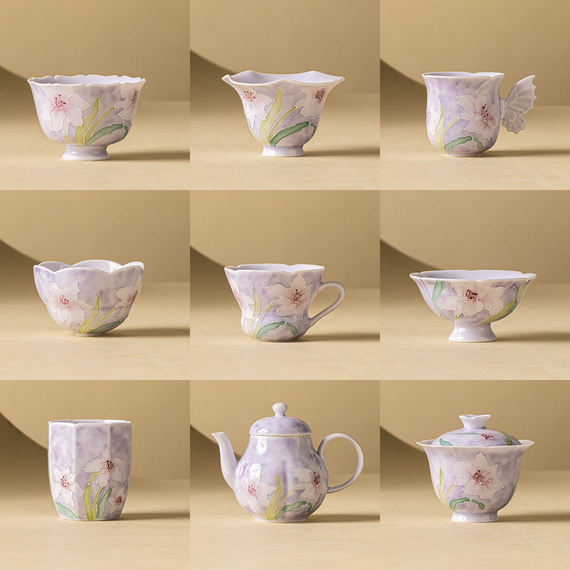 手绘堆雕紫百合小茶杯套装陶瓷盖碗品茗杯主人杯单杯高档功夫茶具|undefined