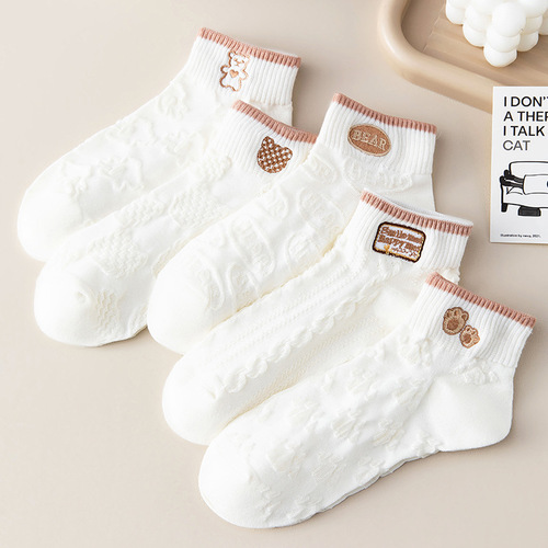 Socks for women summer thin women's pure cotton white ins embroidered bear boat socks low cut white women's socks wholesale