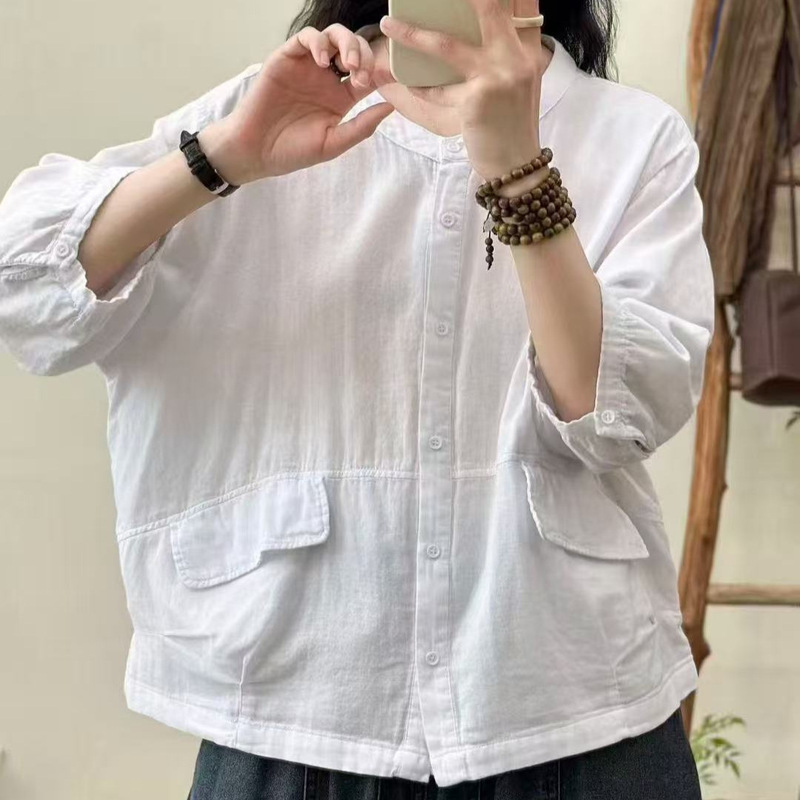 Solid Color Three-Quarter Sleeve Shirt 2026 Vintage Artistic Stand Collar Single-Breasted Lazy Style Versatile Loose Casual Top for Women Solid Color Three-Quarter Sleeve Shirt 2026 Vintage Artistic Stand Collar Single-Breasted Lazy Style Versatile Loose Casual Top for Women
