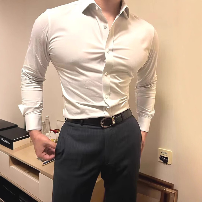European and American Stretch White Shirt Muscle Men Tough Guy Non-ironing Slim-fit Long-sleeved Ice Silk Chiffon Shirt Suit Inner-inch Shirt