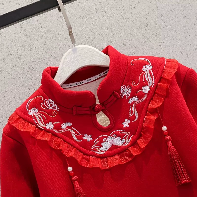 Новогодняя одежда для девочек осень-зима новая маленькая принцесса плюшевая толстая красная одежда зимняя девушка cheongsam в китайском стиле