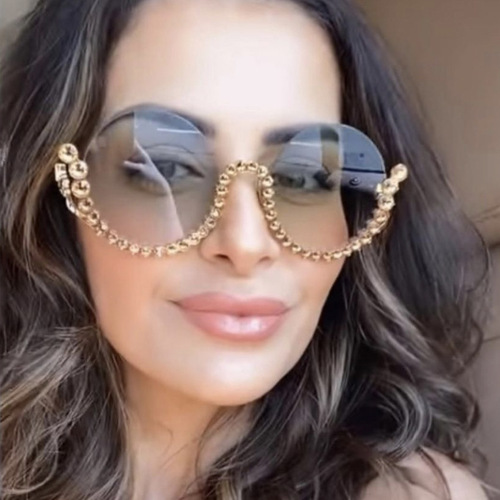 Round diamond-encrusted metal sunglasses  new half-frame sunglasses cross-border European and American gorgeous gradient sunglasses trend