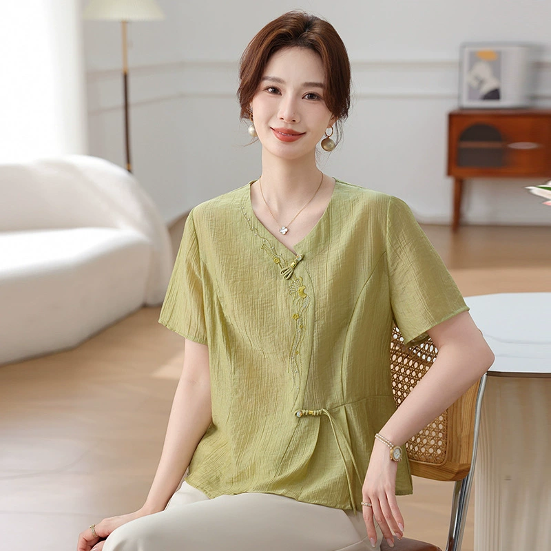 Летний костюм для мамы 2025, новый стиль, летний китайский комплект из двух предметов: рубашка с коротким рукавом для похудения для женщин среднего возраста