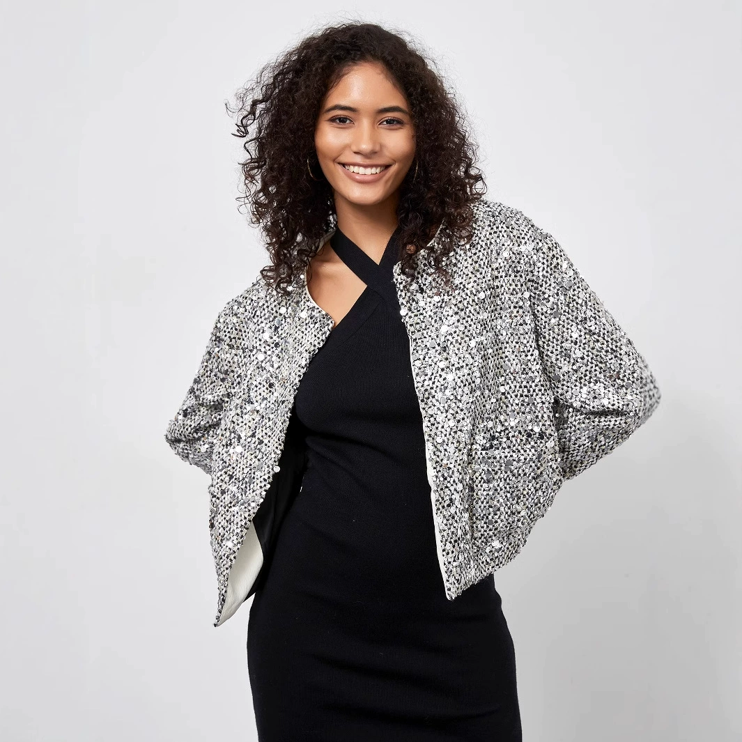 Трансграничная женская одежда оптом в европейском и американском стиле модная куртка с блестками осенью и зимой новая темпераментная куртка с длинным рукавом с круглым вырезом