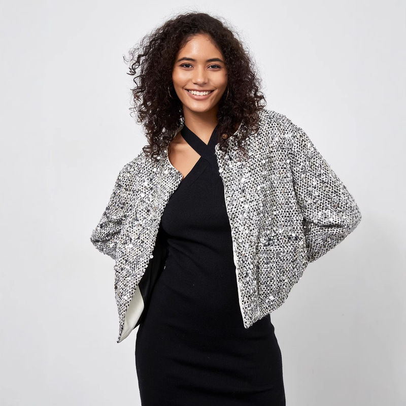 Cross-border women's clothing wholesale European and American style fashion sequin coat autumn and winter new socialite temperament round neck long sleeve jacket