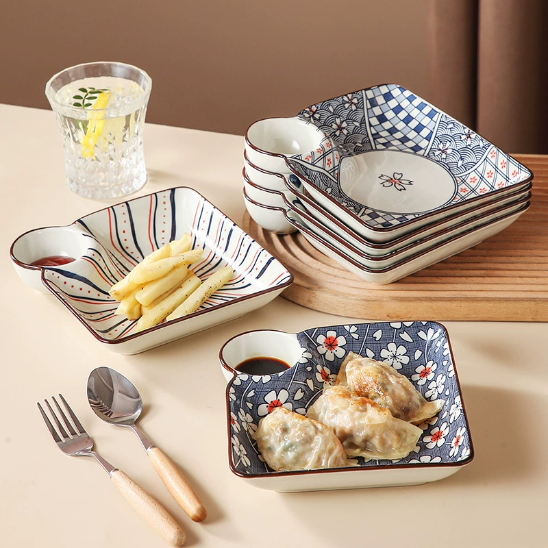 Dumpling Plate (Samia) Modern Wave Square with Sauce Well, Decorative Multi-Pattern Serving Dish