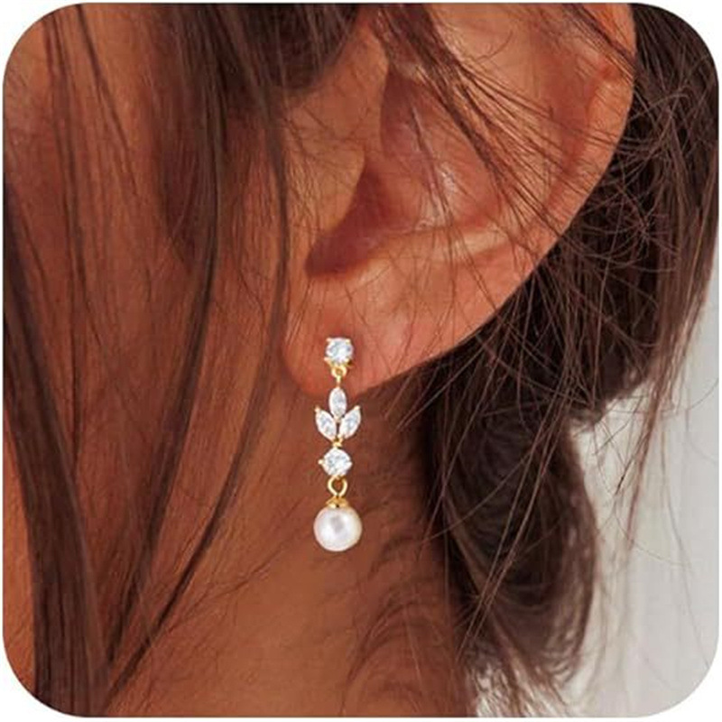 Geometría estética transfronteriza 2025 nuevo zircon de alta calidad perla hojas de aretes de gota de agua para mujeres moda aretes versátiles