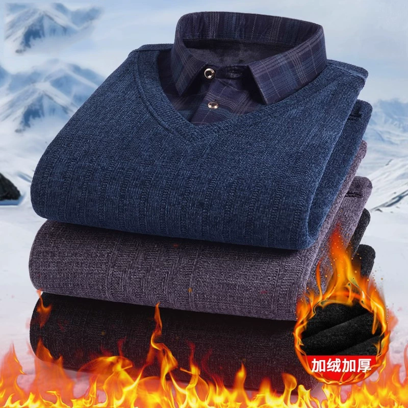 Папа зимний свитер Шернил толстый бархат мужчина среднего возраста поддельные две теплые нижние рубашки мужчины среднего возраста