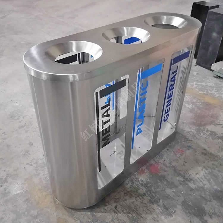 商用不锈钢金属分类垃圾桶椭圆立式三联体透明防爆商场地铁站专用
