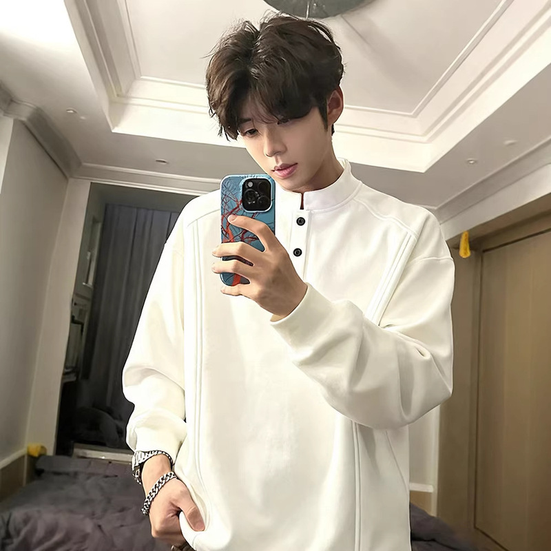 White American-Style Henley Collar Sweatshirt for Men, Autumn and Winter, Fleece-Lined, Thickened, Long-Sleeve T-Shirt, Regular Shoulder Fit, Heavy-Duty Base Layer White American-Style Henley Collar Sweatshirt for Men, Autumn and Winter, Fleece-Lined, Thickened, Long-Sleeve T-Shirt, Regular Shoulder Fit, Heavy-Duty Base Layer