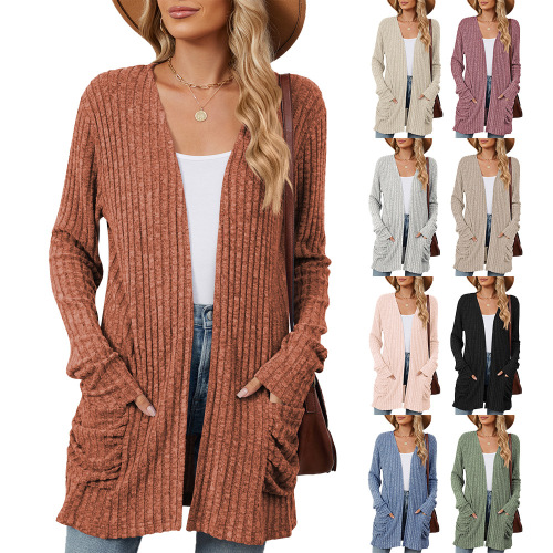 European and American pure color casual pocket long sleeve crew neck knit sweater