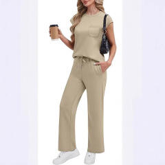 Amazon ヨーロッパとアメリカのクロスボーダー婦人服 2025 ルーズスーツラウンドネックベストトップパンツカジュアル 2 点セット
