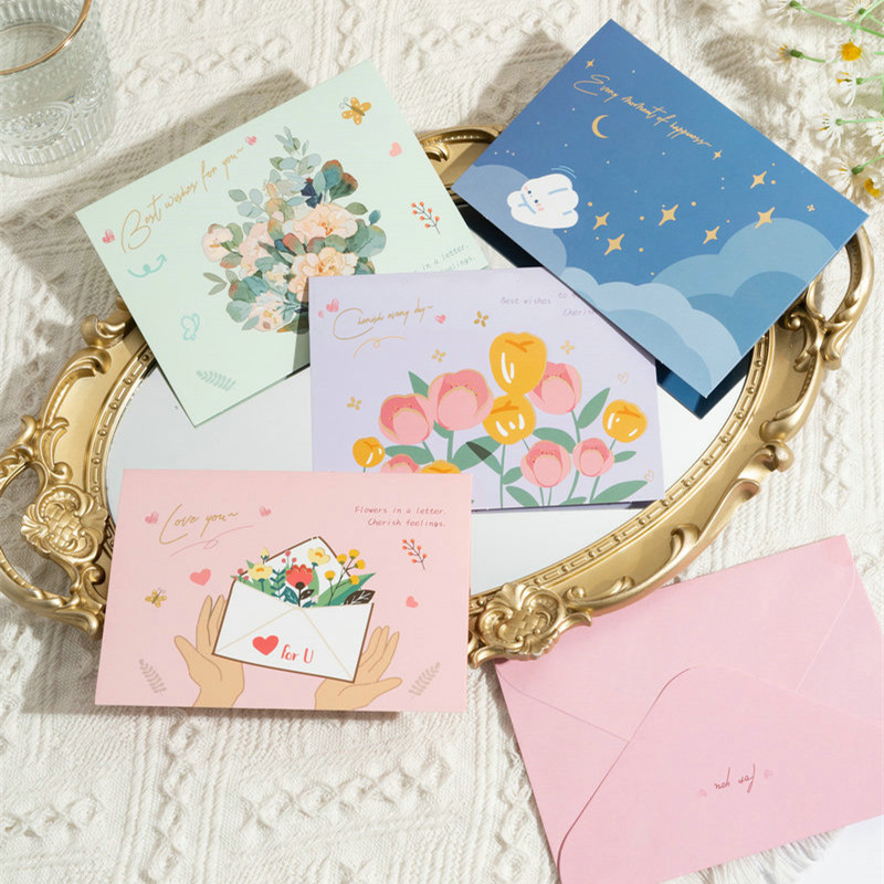 Tarjeta de felicitación con ramo de flores plegado en papel dorado para el Día de la Madre, tarjeta de felicitación con mensaje de bendición de floristería, sobre al por mayor