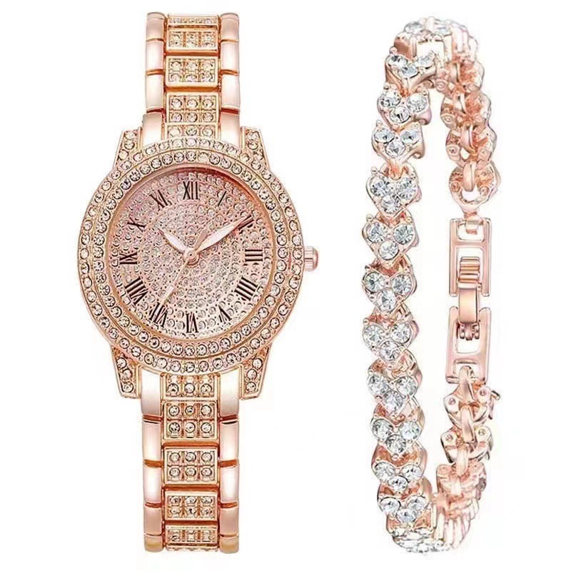 Manufacturer Wholesale Gypsophila Women's Full Diamond Roman Disc Quartz Watch High-End Rose Gold Casual Watch Bracelet Watch