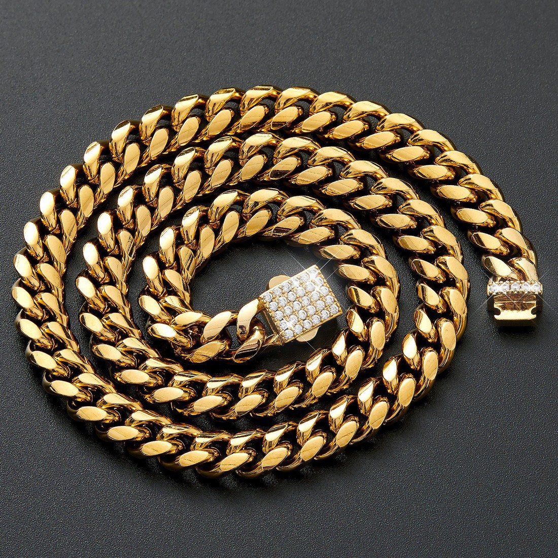 Spot One Piece Dropshipping Men's Gold Cuban Necklace White Zircon Micro Inlaid Lock Encryption Chain 6mm 14mm_voghion.com