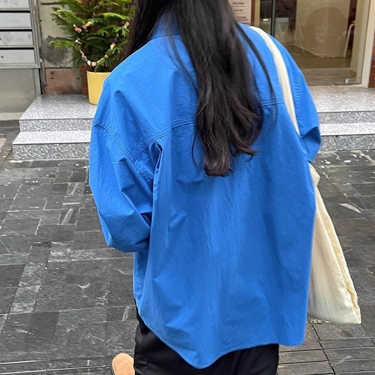 蓝色衬衫外套2025秋冬新款设计感小众口袋宽松长袖衬衣上衣|undefined