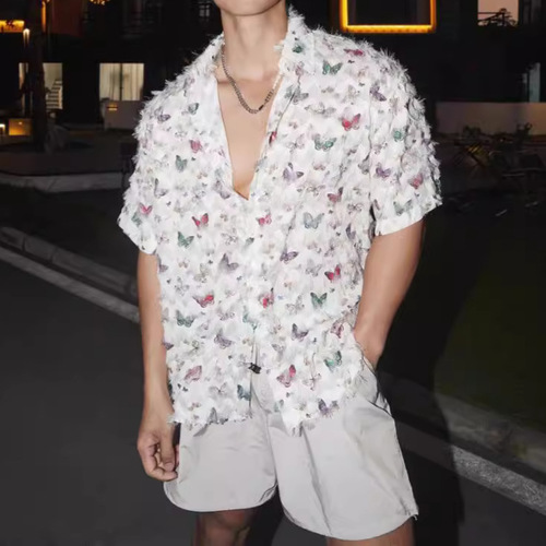 American Retro Butterfly Print Loose Short Sleeve Shirt Jacket Men Fashion Summer 3D Fringe Original Shirt
