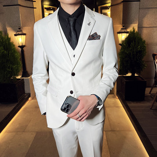 Tiktok Solid Color Men's Drape Suit Business Three-Piece Notch Lapel Casual Suit with Trousers Plus Size Set