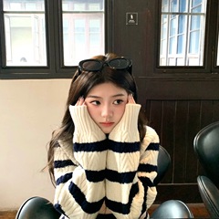 渔渔韩系条纹针织开衫时尚百搭软糯亲肤拼色毛衣女短款
