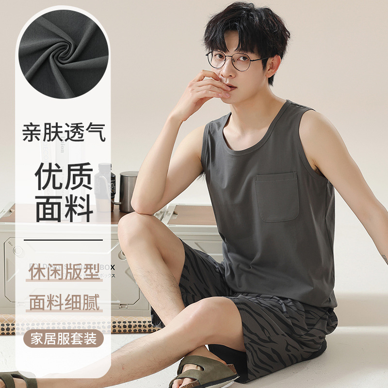 2024 verano de punto pijama de algodón chaleco de hombre pantalones cortos sin mangas delgados casero simple conjunto de ropa de casa al por mayor