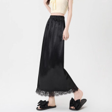 醋酸缎面后开叉半身裙女2025夏季淑女感蕾丝拼接显瘦垂感a字长裙