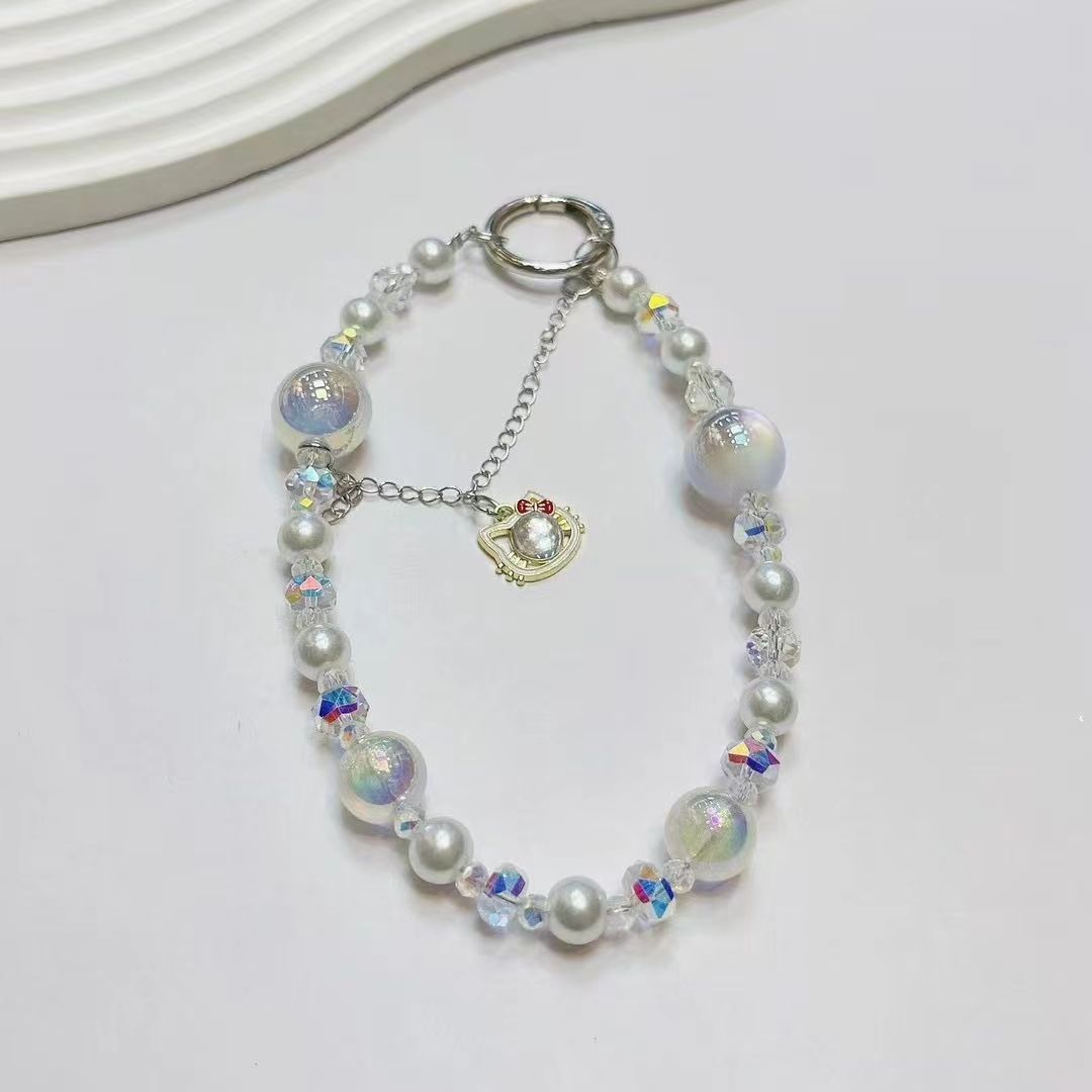 Creativo teléfono móvil colgante colgante gato borla ligero lujo corto hada gas perla cristal cadena portátil cordón de carcasa para teléfono móvil