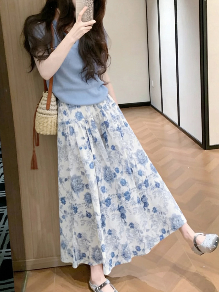 Đầm maxi nữ thắt eo tay ngắn màu xanh da trời — Màu xanh ngắn tay áo, nửa váy