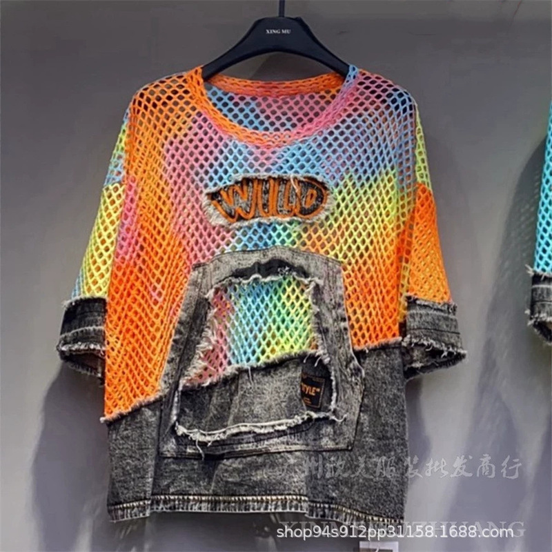 European and American Trendy Cool Style Hollow Mesh Patchwork Denim Short-Sleeve T-Shirt for Women, Summer Thin Style, Stylish and Fashionable Top European and American Trendy Cool Style Hollow Mesh Patchwork Denim Short-Sleeve T-Shirt for Women, Summer Thin Style, Stylish and Fashionable Top