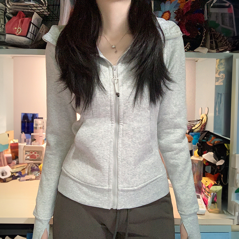 Gray Hooded Jacket and Sweatshirt for Girls in Spring and Autum Thin Versatile Inner Multi-Color Yoga Wear Slim Cardigan Top