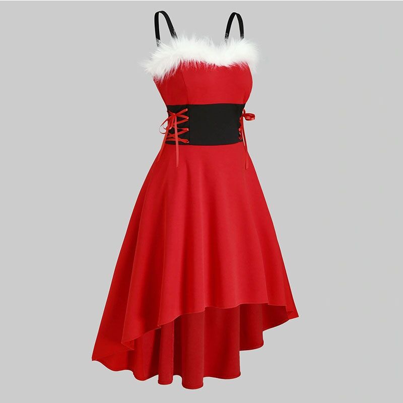 Abbigliamento da donna Natale Rosso Spalle scoperte Nero Vita Fiocco Bretelle Vestito_voghion.com