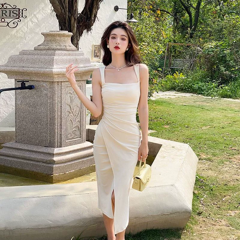 Трансграничный темперамент Mingyuan Yujie премиум атласная длинная юбка Летнее новое стройное платье с квадратным вырезом