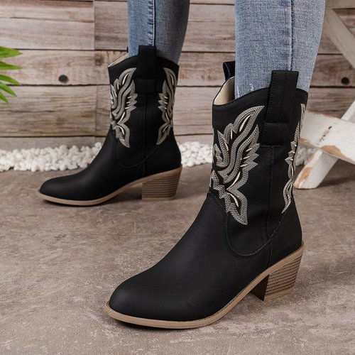 Women's Boots 2025 Autumn/Winter V-mouth Embroidered Sleeveless Riding Boots with Thick Heels Retro Mid-calf Pointed Toe Western Cowboy Boots