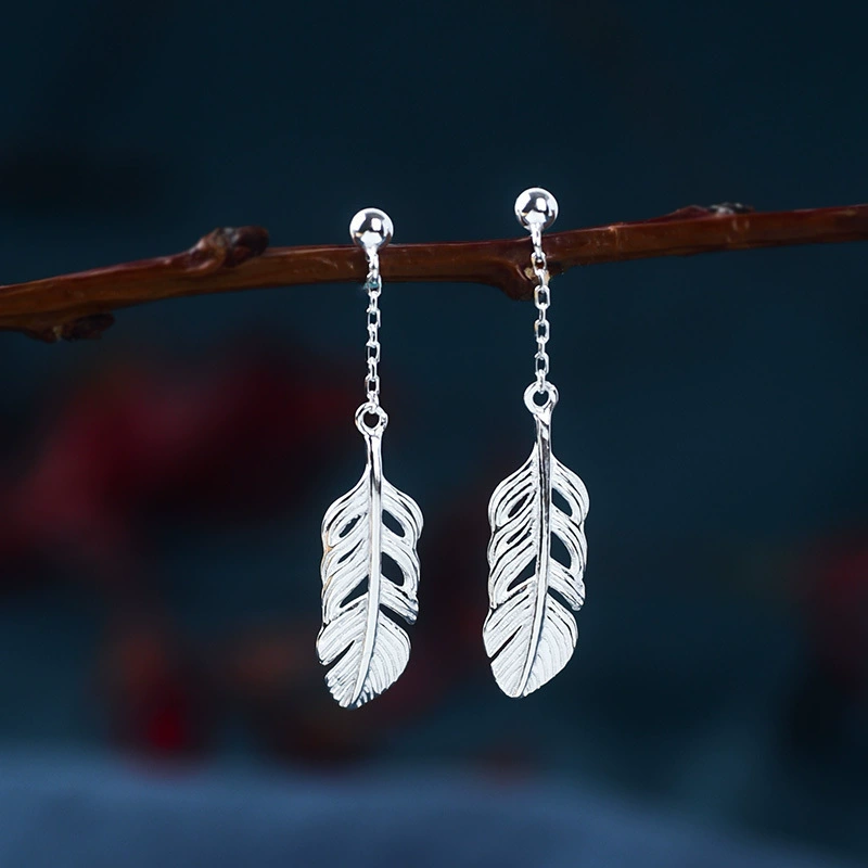 Earrings (Fresh) 925 silver feather dangle, simple elegant design, drop chain studs, 2021 collection